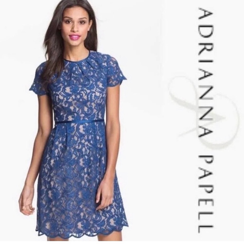 Adrianna Papell Blue Lace Overlay Fit and Flare A-Line Scallop Hem Dress. Size 4